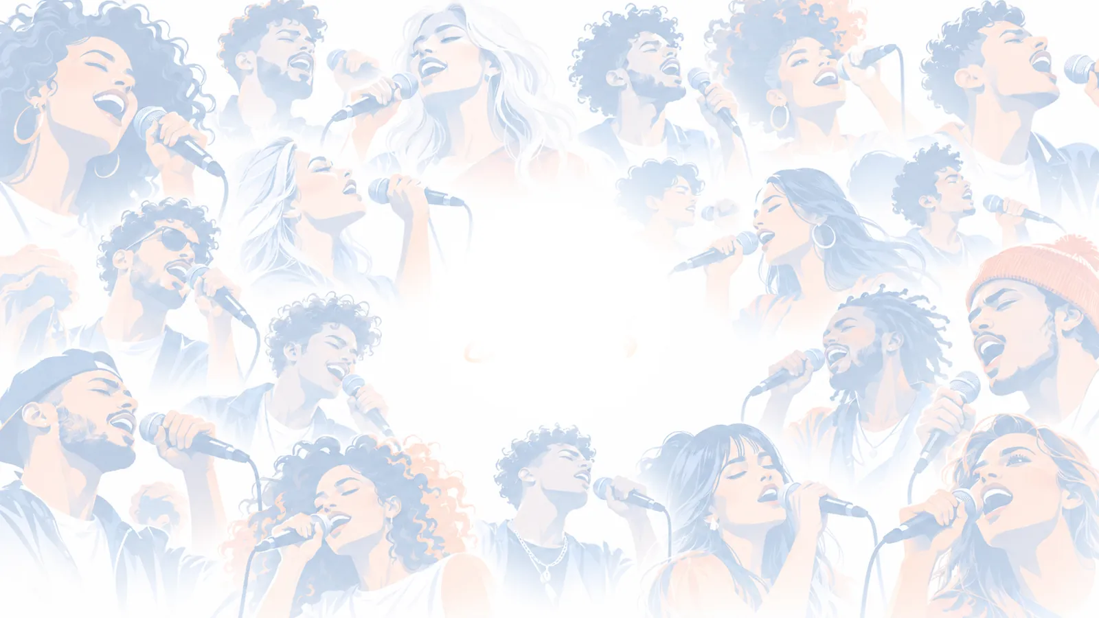 Illustrated singers holding microphones, in soft blue and peach
